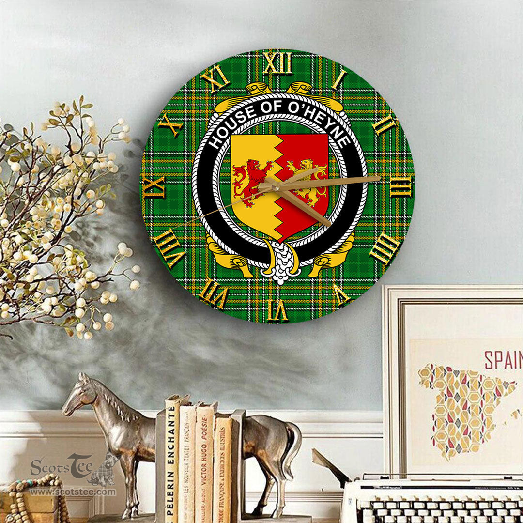 ScotsTee Shop Irish House of O HEYNE Coat of Arms Family Crest Ireland Wooden Wall Clock Irish National Tartan Irish County Wall Clocks