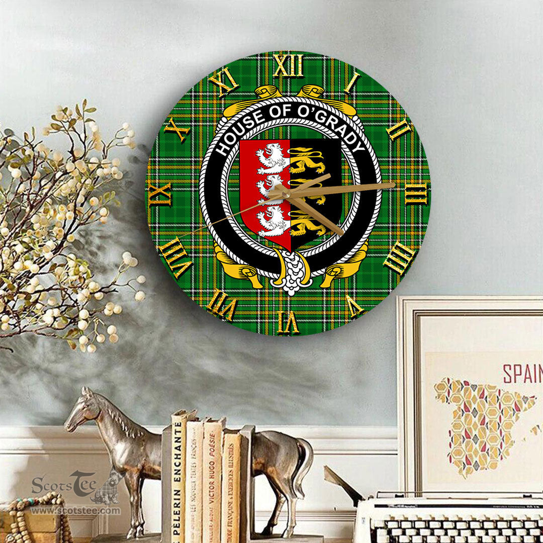 ScotsTee Shop Irish House of O GRADY Coat of Arms Family Crest Ireland Wooden Wall Clock Irish National Tartan Irish County Wall Clocks