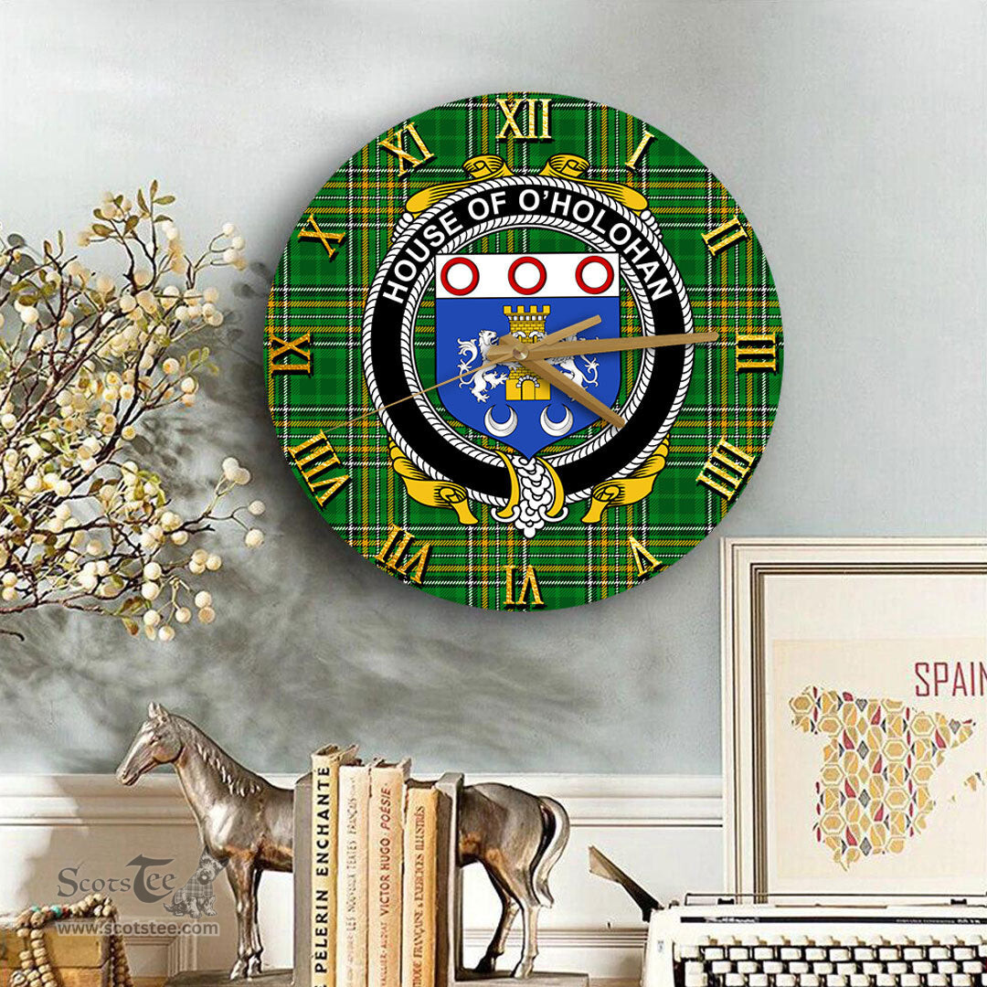 ScotsTee Shop Irish House of O HOLOHAN Coat of Arms Family Crest Ireland Wooden Wall Clock Irish National Tartan Irish County Wall Clocks