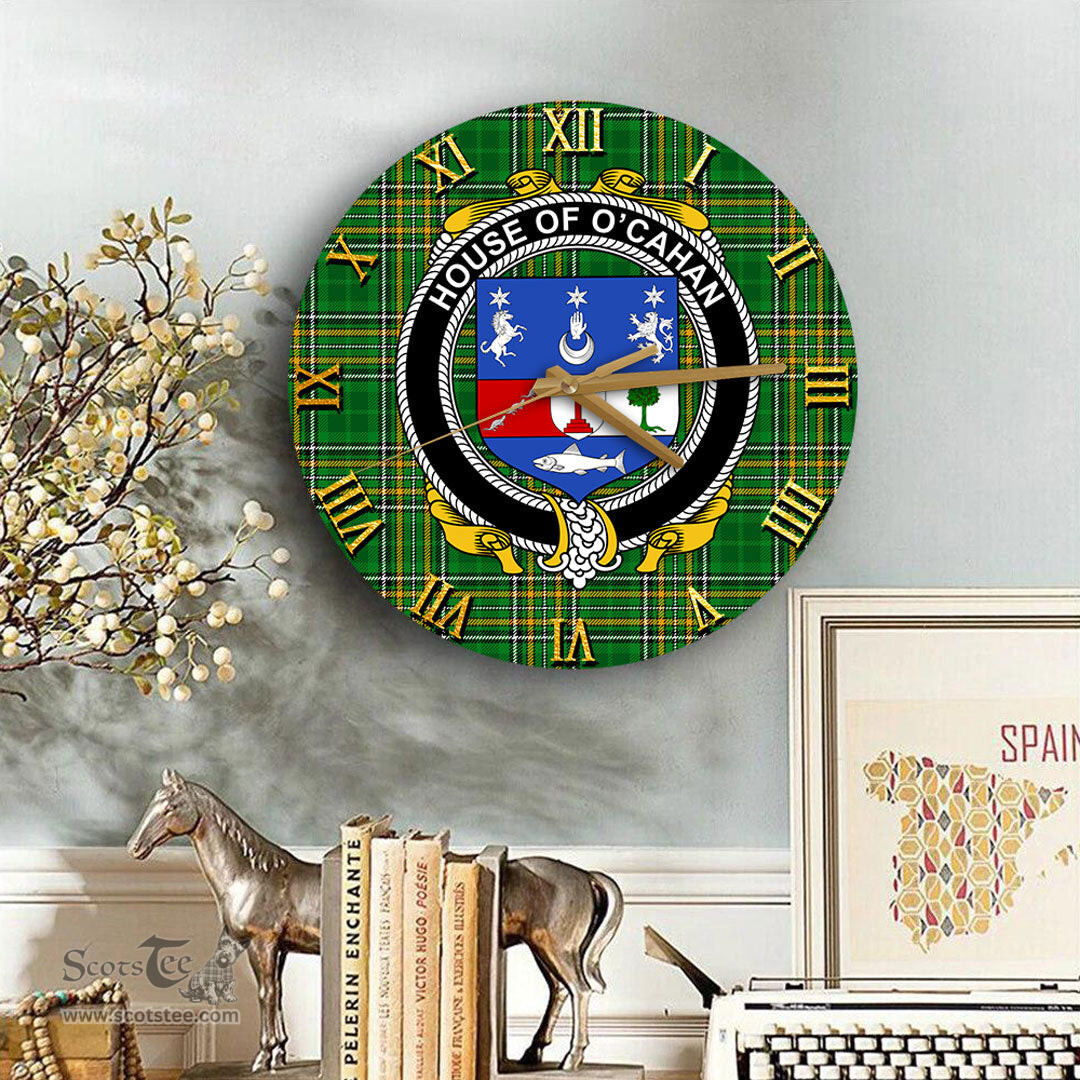 ScotsTee Shop Irish House of O CAHAN KEANE Coat of Arms Family Crest Ireland Wooden Wall Clock Irish National Tartan Irish County Wall Clocks