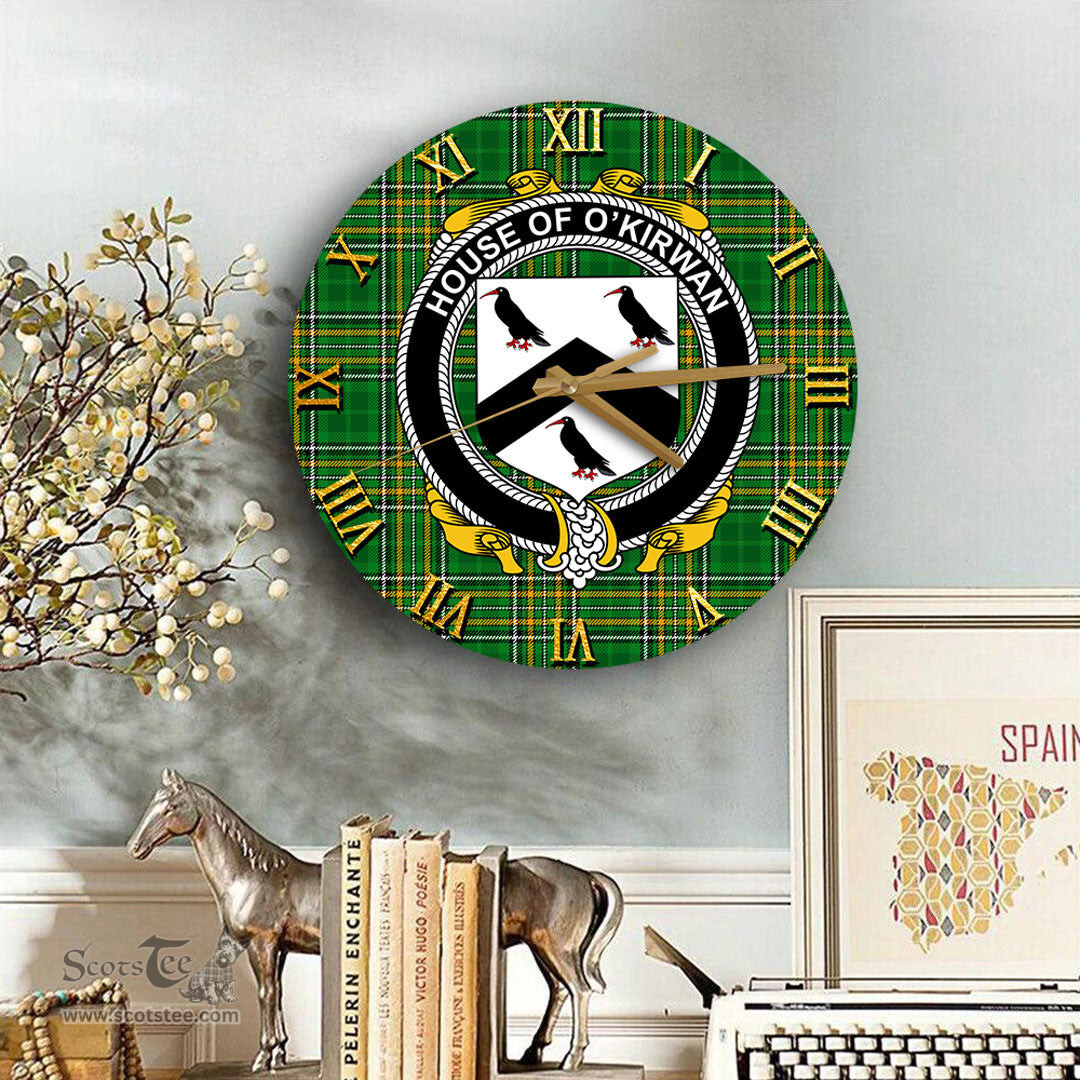 ScotsTee Shop Irish House of O KIRWAN Coat of Arms Family Crest Ireland Wooden Wall Clock Irish National Tartan Irish County Wall Clocks