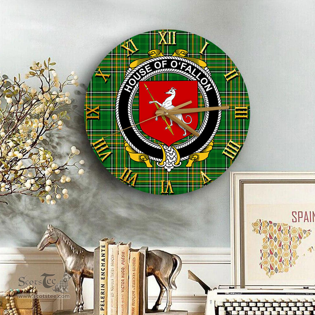 ScotsTee Shop Irish House of O FALLON Coat of Arms Family Crest Ireland Wooden Wall Clock Irish National Tartan Irish County Wall Clocks
