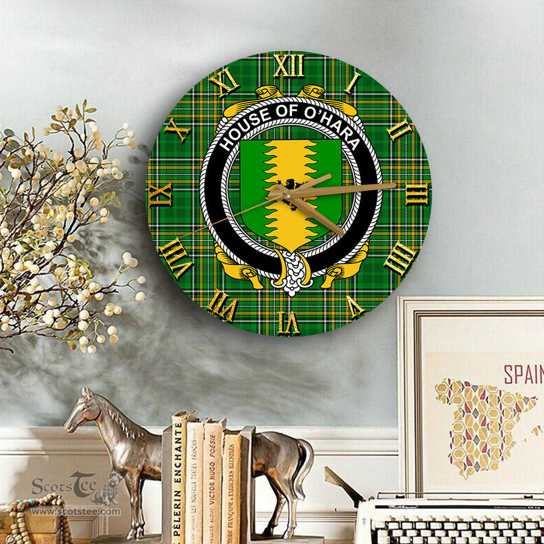 ScotsTee Shop Irish House of O HARA Coat of Arms Family Crest Ireland Wooden Wall Clock Irish National Tartan Irish County Wall Clocks