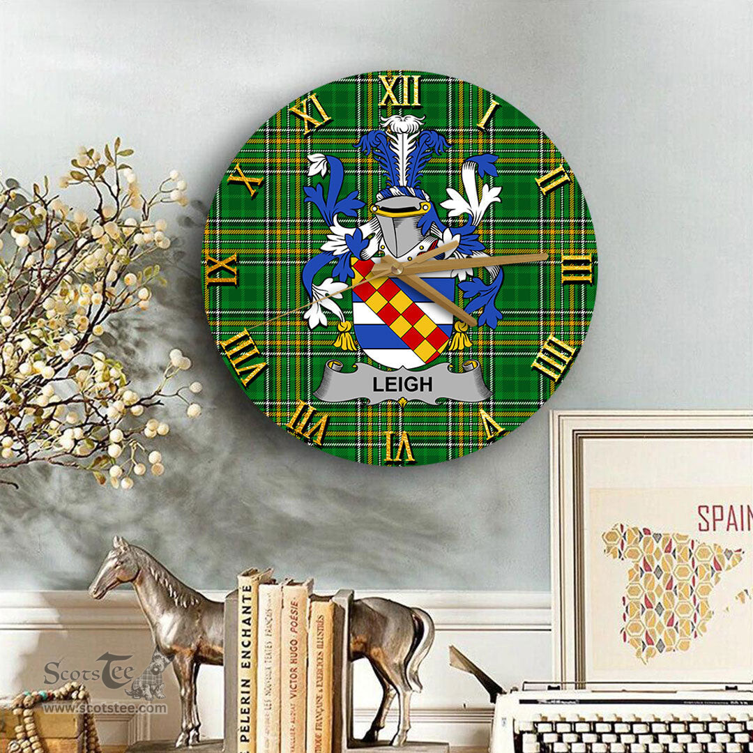 ScotsTee Shop Irish Leigh or McLaeghis Coat of Arms Family Crest Ireland Wooden Wall Clock Irish National Tartan Irish County Wall Clocks