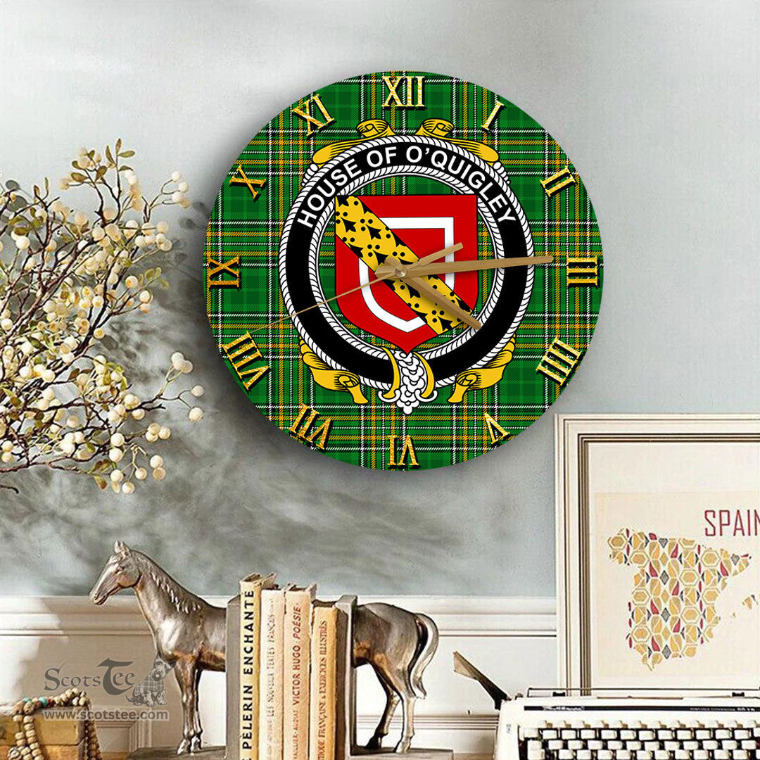 ScotsTee Shop Irish House of O QUIGLEY Coat of Arms Family Crest Ireland Wooden Wall Clock Irish National Tartan Irish County Wall Clocks