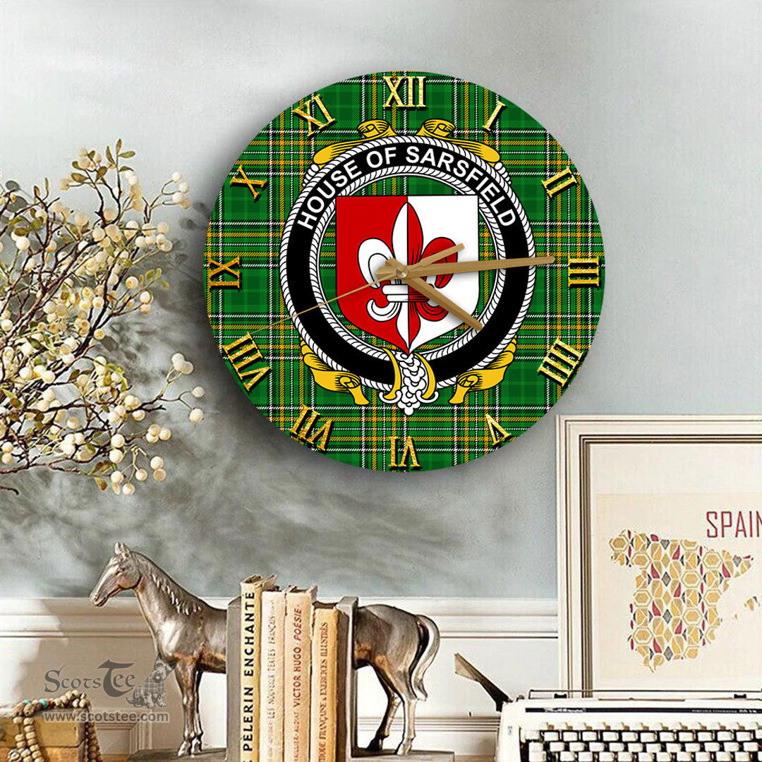 ScotsTee Shop Irish House of SARSFIELD Coat of Arms Family Crest Ireland Wooden Wall Clock Irish National Tartan Irish County Wall Clocks