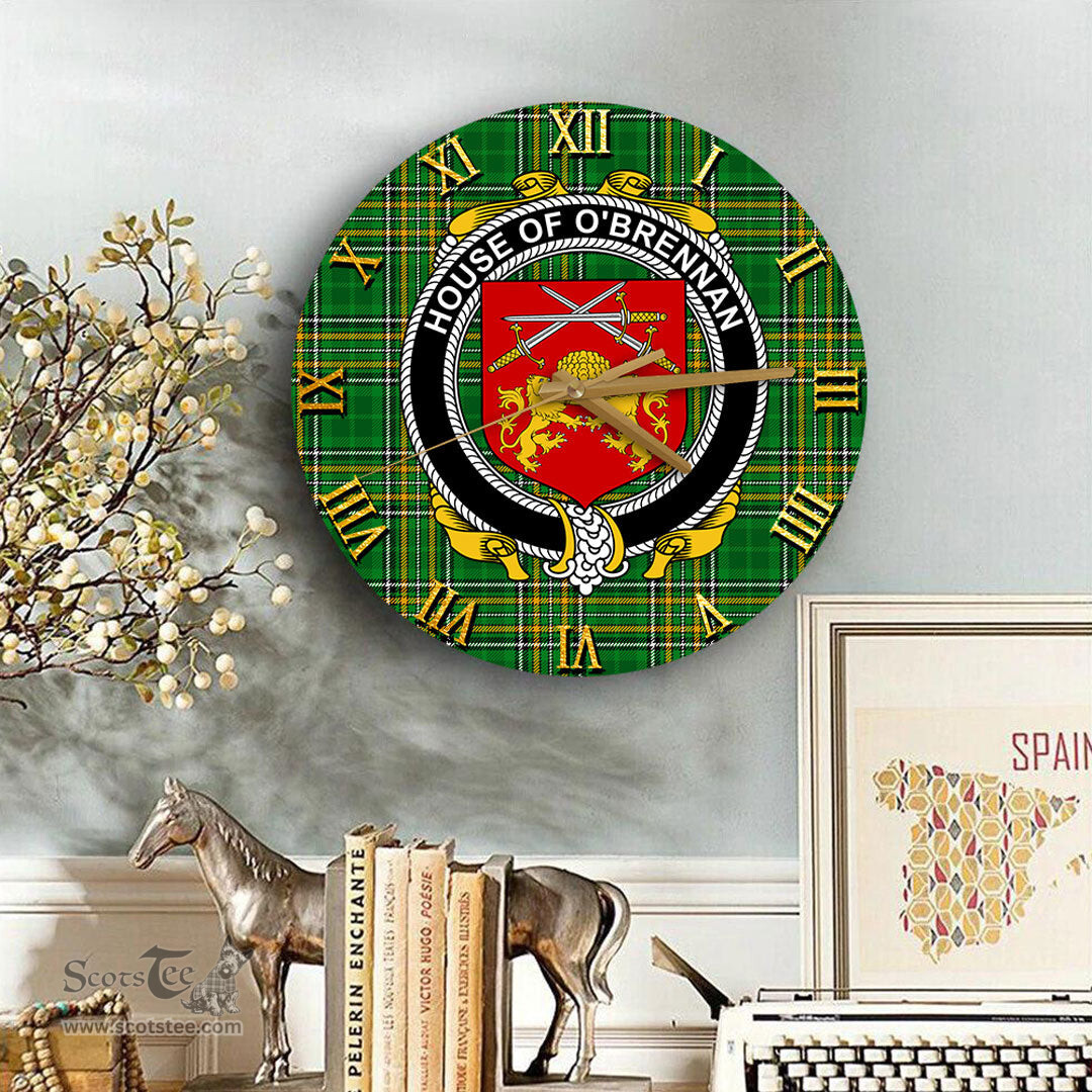 ScotsTee Shop Irish House of O BRENNAN Ossory Coat of Arms Family Crest Ireland Wooden Wall Clock Irish National Tartan Irish County Wall Clocks