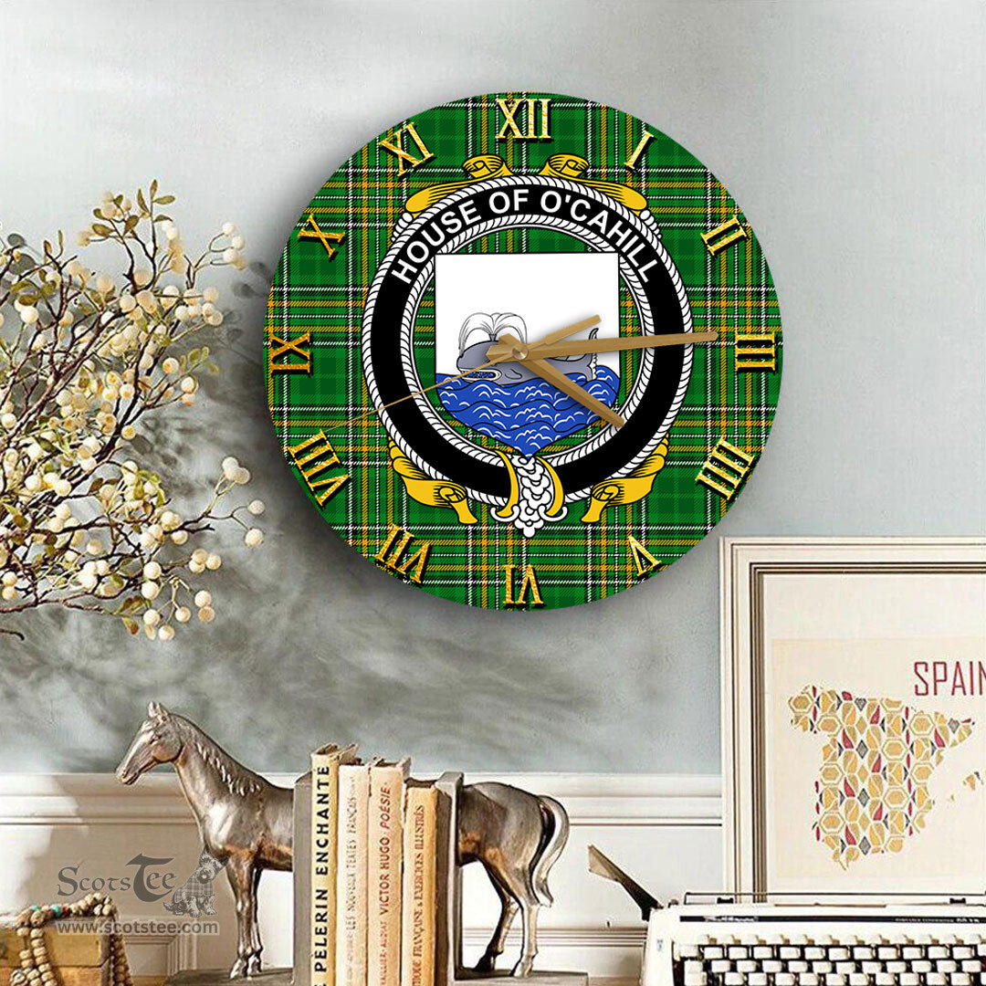 ScotsTee Shop Irish House of O CAHILL Coat of Arms Family Crest Ireland Wooden Wall Clock Irish National Tartan Irish County Wall Clocks