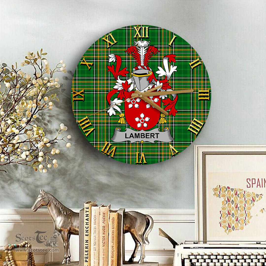 ScotsTee Shop Irish Lambert Coat of Arms Family Crest Ireland Wooden Wall Clock Irish National Tartan Irish County Wall Clocks