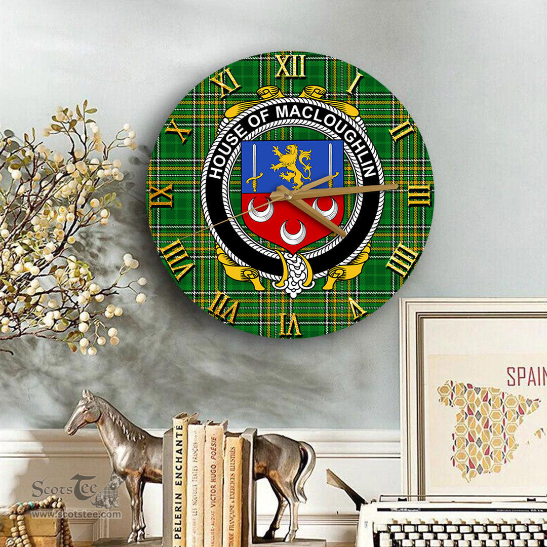 ScotsTee Shop Irish House of MACLOUGHLIN Tirconnell Coat of Arms Family Crest Ireland Wooden Wall Clock Irish National Tartan Irish County Wall Clocks