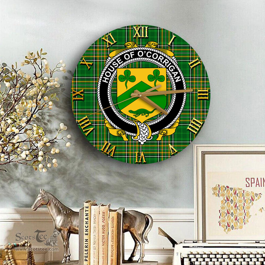ScotsTee Shop Irish House of O CORRIGAN Coat of Arms Family Crest Ireland Wooden Wall Clock Irish National Tartan Irish County Wall Clocks