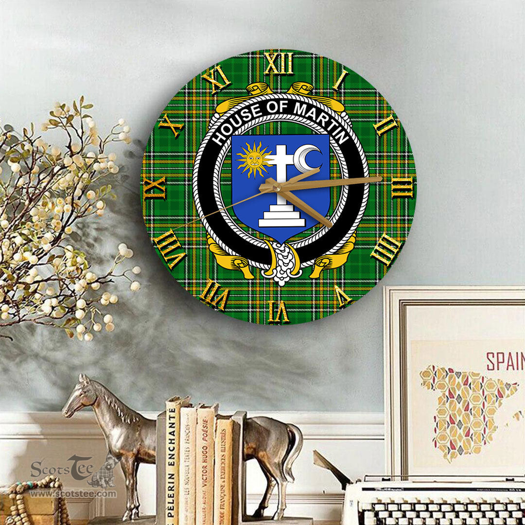 ScotsTee Shop Irish House of MARTIN Coat of Arms Family Crest Ireland Wooden Wall Clock Irish National Tartan Irish County Wall Clocks