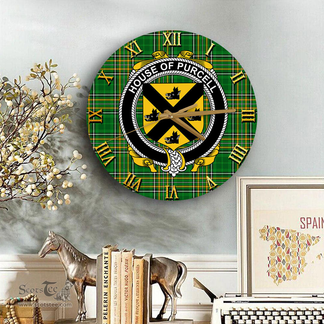 ScotsTee Shop Irish House of PURCELL Coat of Arms Family Crest Ireland Wooden Wall Clock Irish National Tartan Irish County Wall Clocks