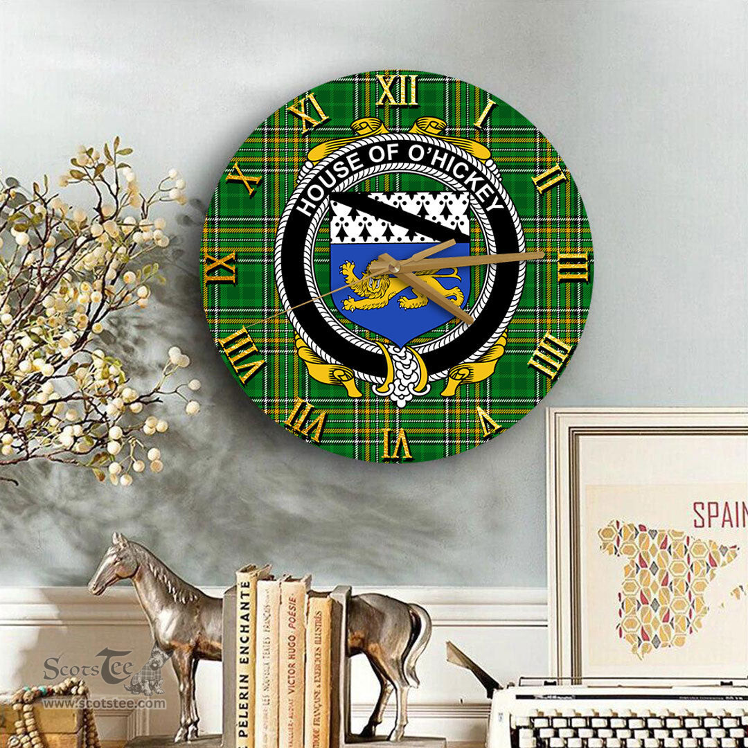 ScotsTee Shop Irish House of O HICKEY Coat of Arms Family Crest Ireland Wooden Wall Clock Irish National Tartan Irish County Wall Clocks