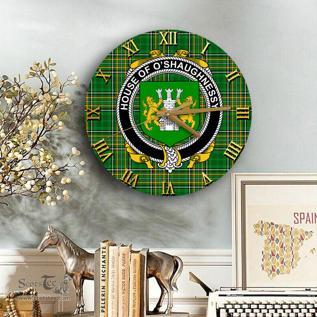 ScotsTee Shop Irish House of O SHAUGNESSY Coat of Arms Family Crest Ireland Wooden Wall Clock Irish National Tartan Irish County Wall Clocks