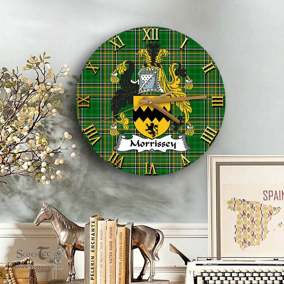 ScotsTee Shop Irish Morrissey Coat of Arms Family Crest Ireland Wooden Wall Clock Irish National Tartan Irish County Wall Clocks