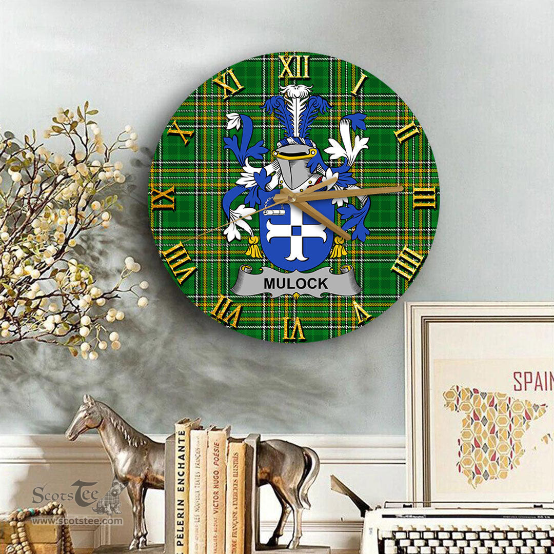 ScotsTee Shop Irish Mulock or Mullock Coat of Arms Family Crest Ireland Wooden Wall Clock Irish National Tartan Irish County Wall Clocks