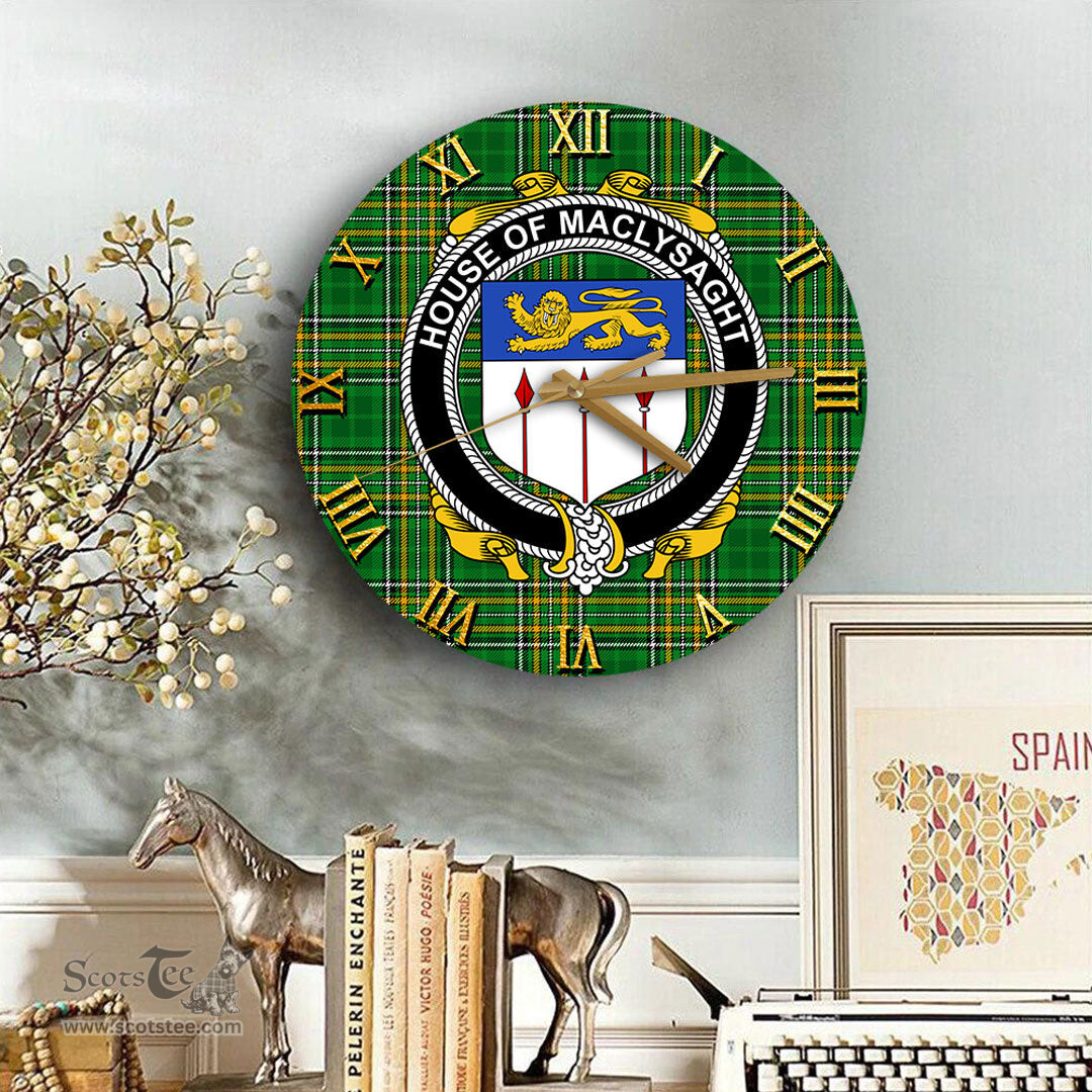 ScotsTee Shop Irish House of MACLYSAGHT Coat of Arms Family Crest Ireland Wooden Wall Clock Irish National Tartan Irish County Wall Clocks