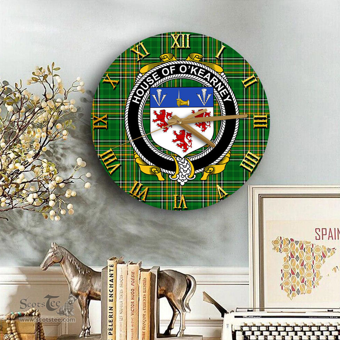 ScotsTee Shop Irish House of O KEARNEY Coat of Arms Family Crest Ireland Wooden Wall Clock Irish National Tartan Irish County Wall Clocks