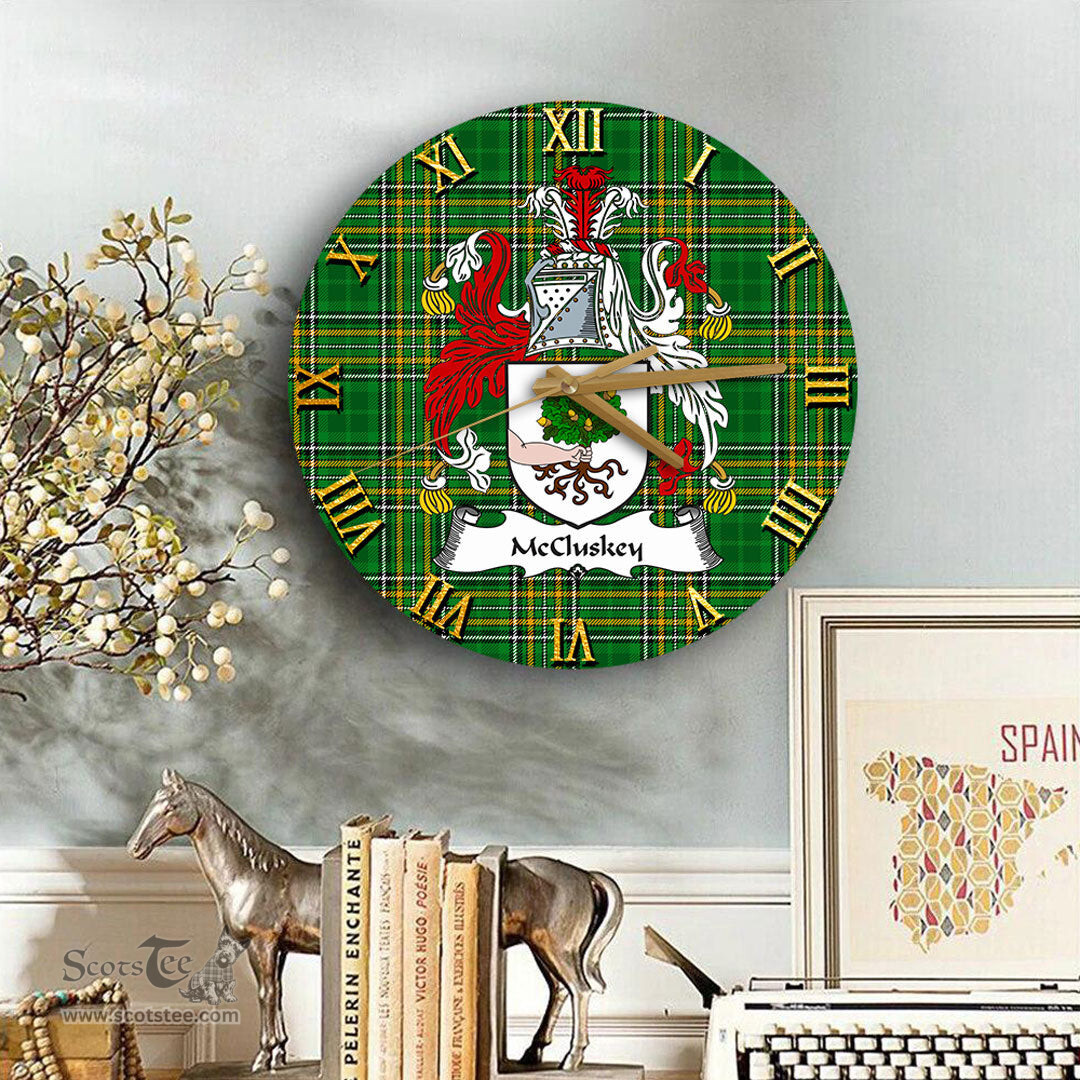 ScotsTee Shop Irish McCluskey Coat of Arms Family Crest Ireland Wooden Wall Clock Irish National Tartan Irish County Wall Clocks