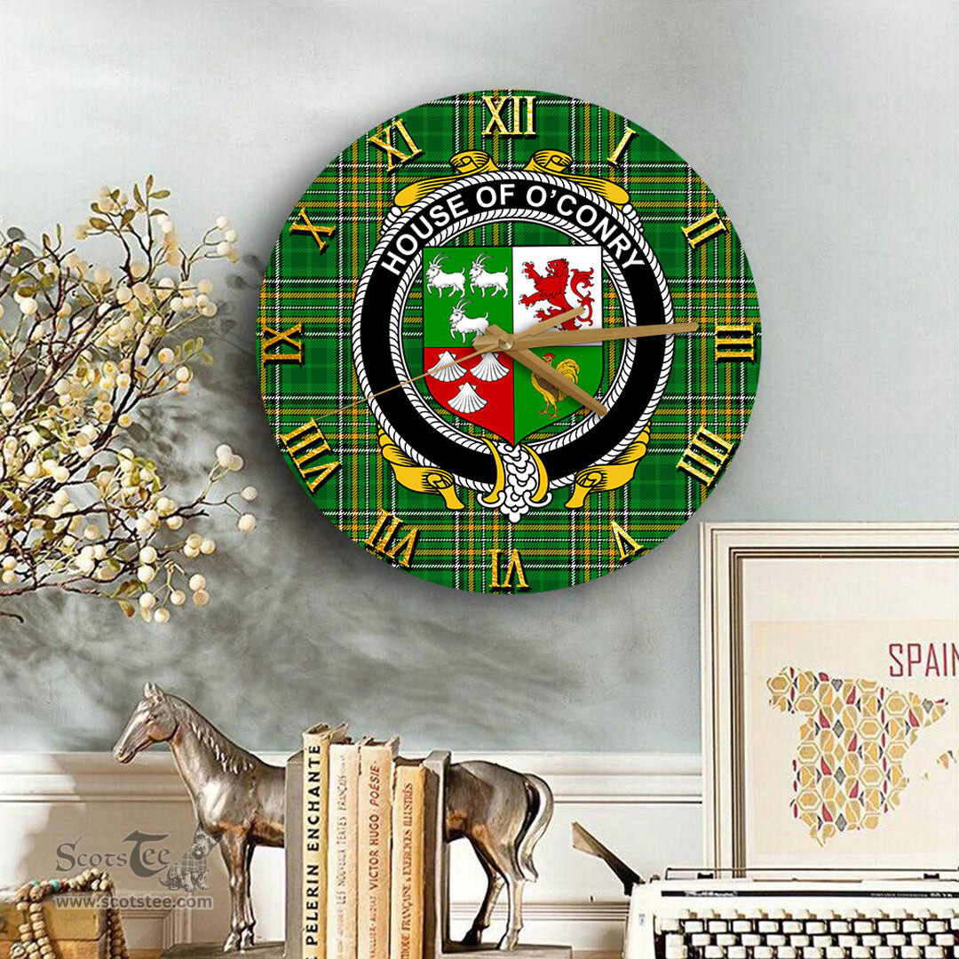 ScotsTee Shop Irish House of O CONRY Coat of Arms Family Crest Ireland Wooden Wall Clock Irish National Tartan Irish County Wall Clocks