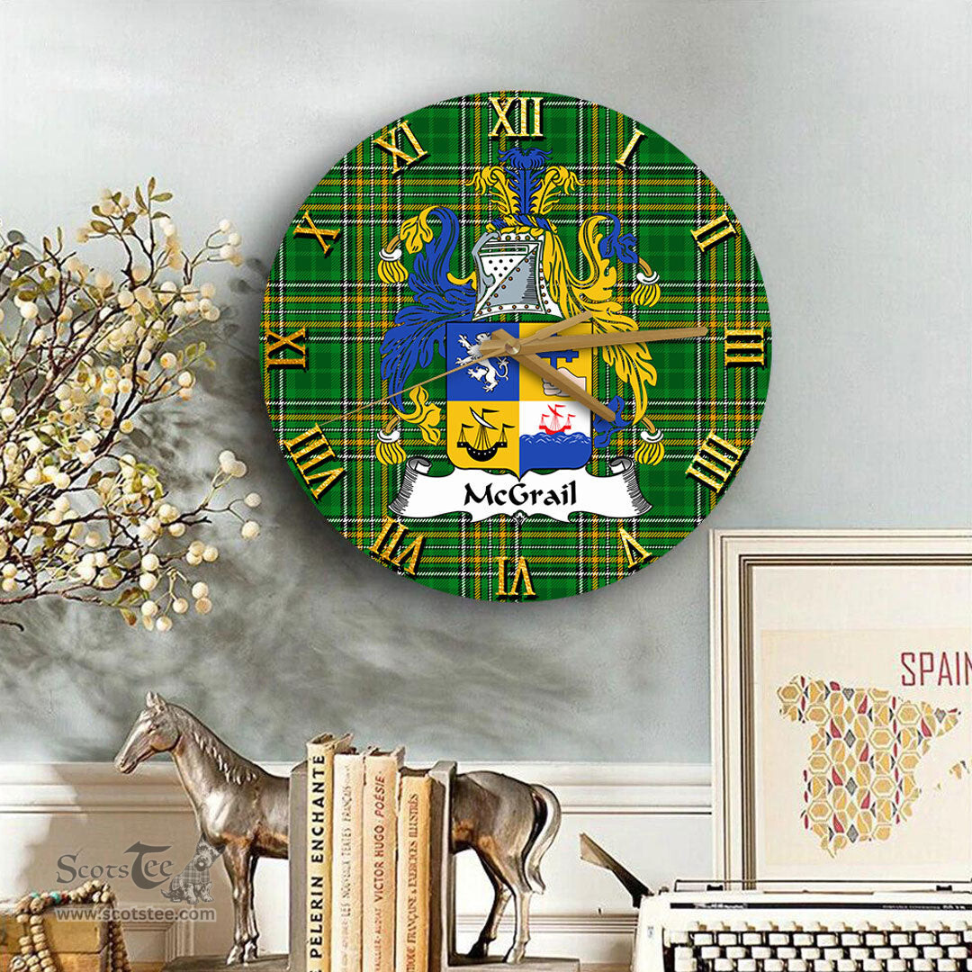 ScotsTee Shop Irish McGrail Coat of Arms Family Crest Ireland Wooden Wall Clock Irish National Tartan Irish County Wall Clocks