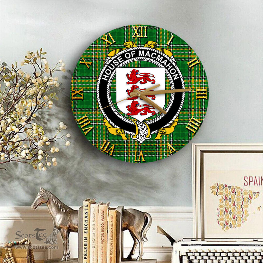 ScotsTee Shop Irish House of MACMAHON Thomond Coat of Arms Family Crest Ireland Wooden Wall Clock Irish National Tartan Irish County Wall Clocks