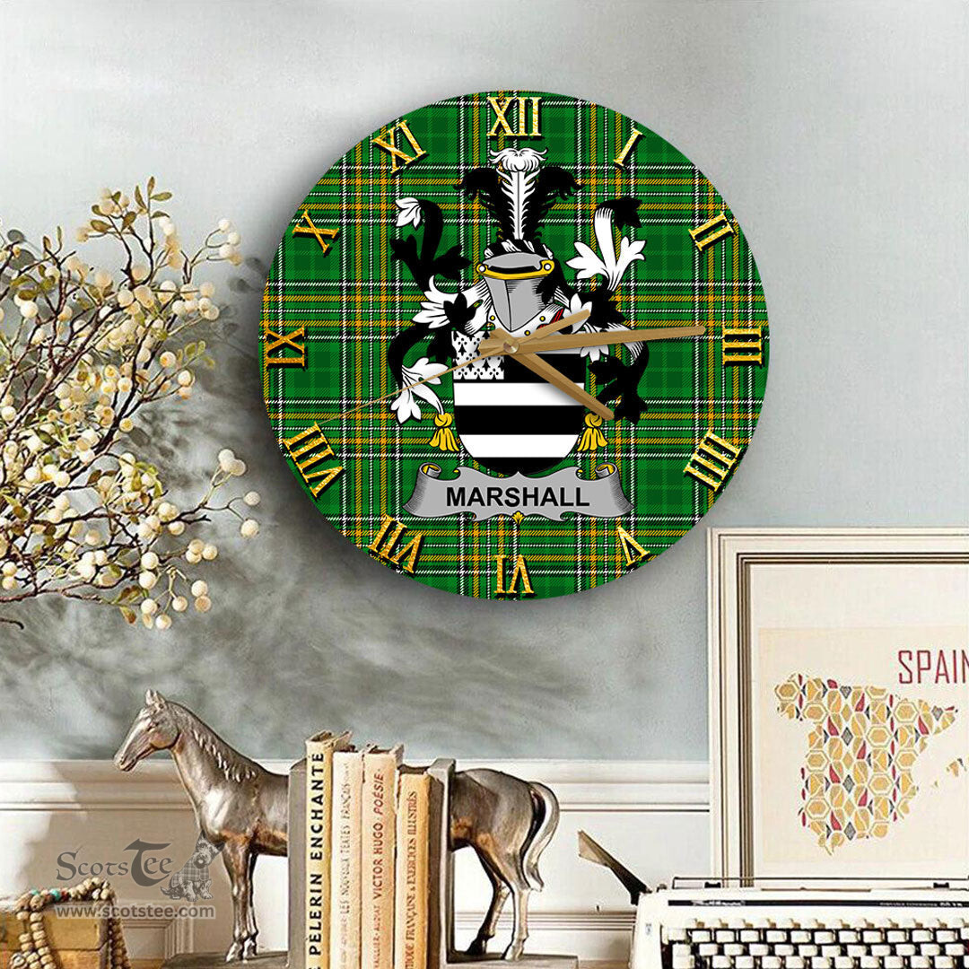 ScotsTee Shop Irish Marshall Coat of Arms Family Crest Ireland Wooden Wall Clock Irish National Tartan Irish County Wall Clocks