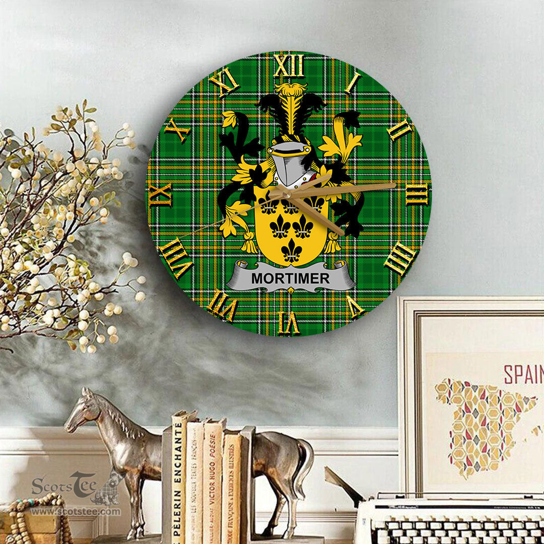 ScotsTee Shop Irish Mortimer Coat of Arms Family Crest Ireland Wooden Wall Clock Irish National Tartan Irish County Wall Clocks