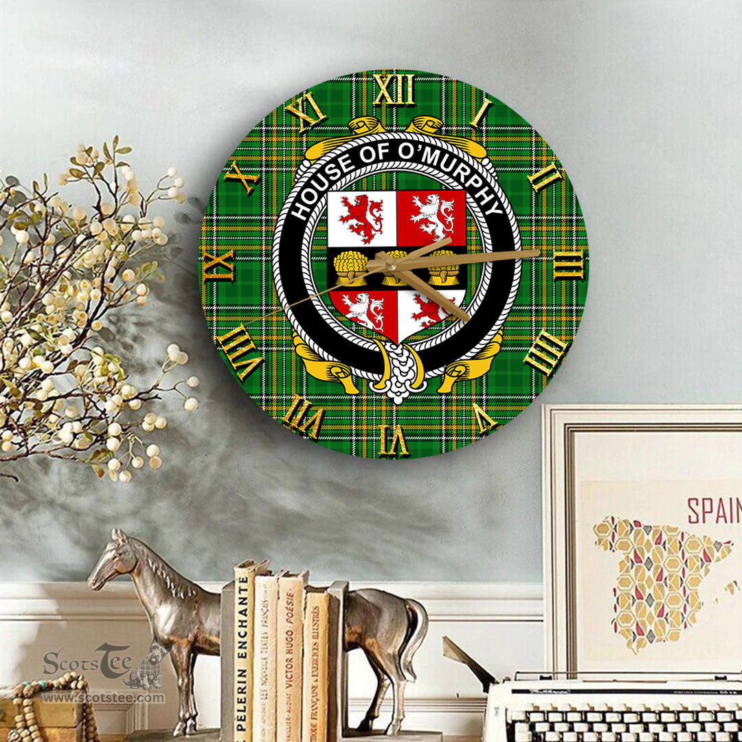 ScotsTee Shop Irish House of O MURPHY Muskerry Coat of Arms Family Crest Ireland Wooden Wall Clock Irish National Tartan Irish County Wall Clocks