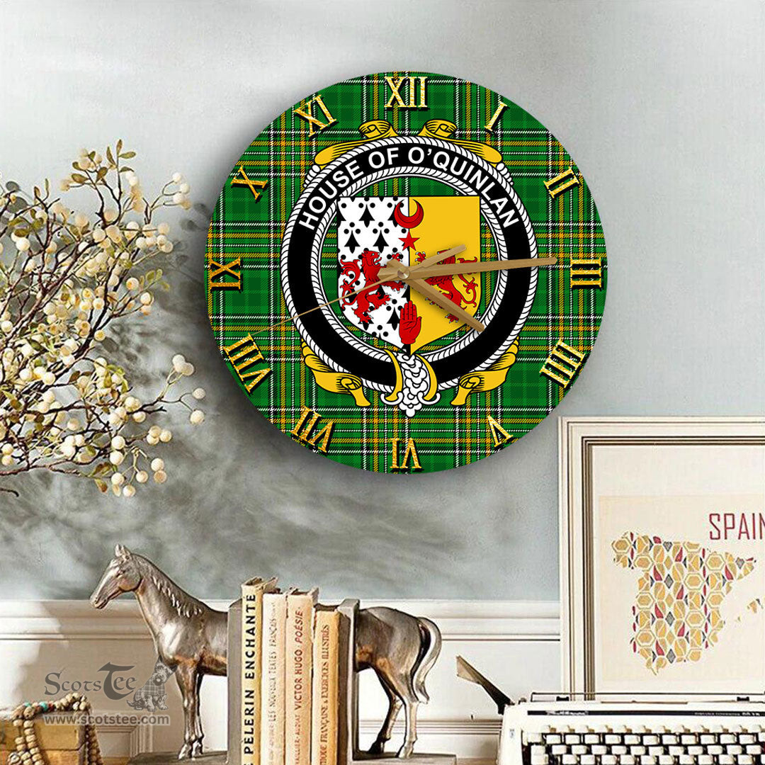 ScotsTee Shop Irish House of O QUINLAN Coat of Arms Family Crest Ireland Wooden Wall Clock Irish National Tartan Irish County Wall Clocks
