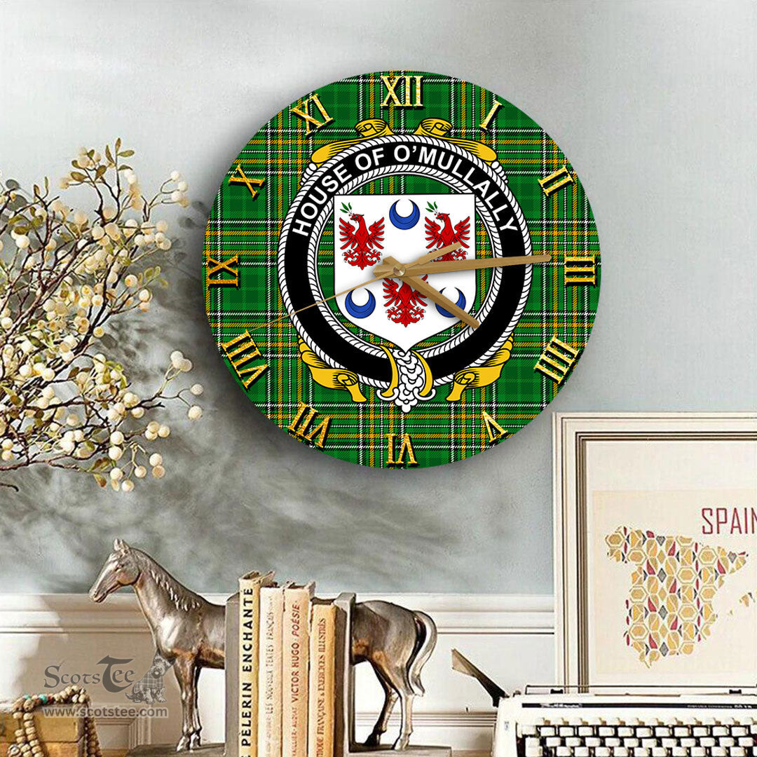 ScotsTee Shop Irish House of O MULLALLY Coat of Arms Family Crest Ireland Wooden Wall Clock Irish National Tartan Irish County Wall Clocks
