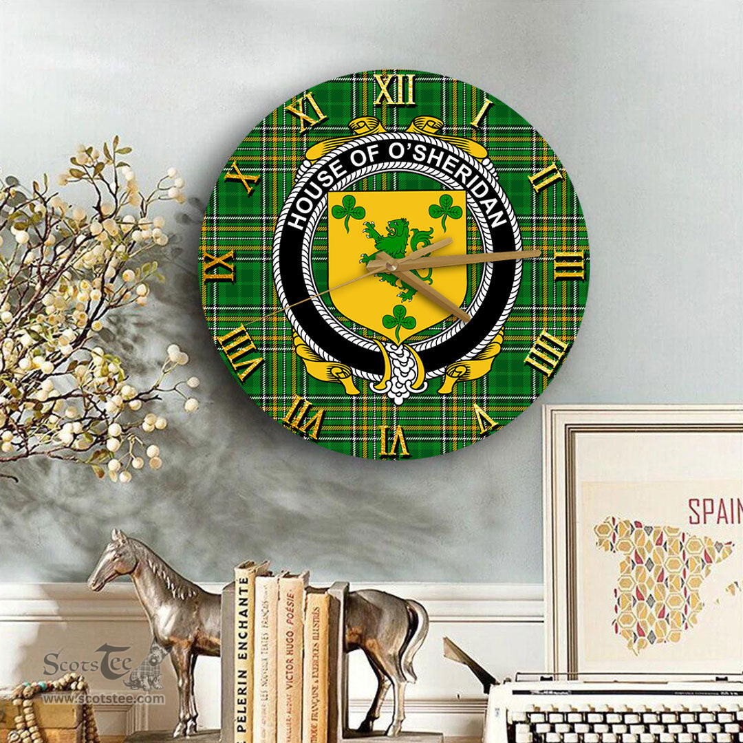 ScotsTee Shop Irish House of O SHERIDAN Coat of Arms Family Crest Ireland Wooden Wall Clock Irish National Tartan Irish County Wall Clocks