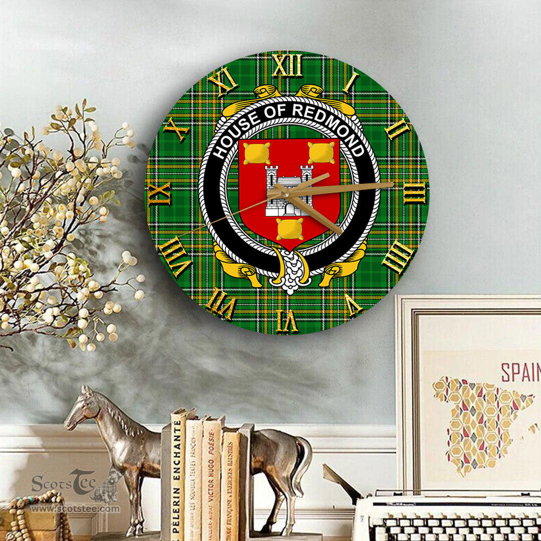ScotsTee Shop Irish House of REDMOND Coat of Arms Family Crest Ireland Wooden Wall Clock Irish National Tartan Irish County Wall Clocks