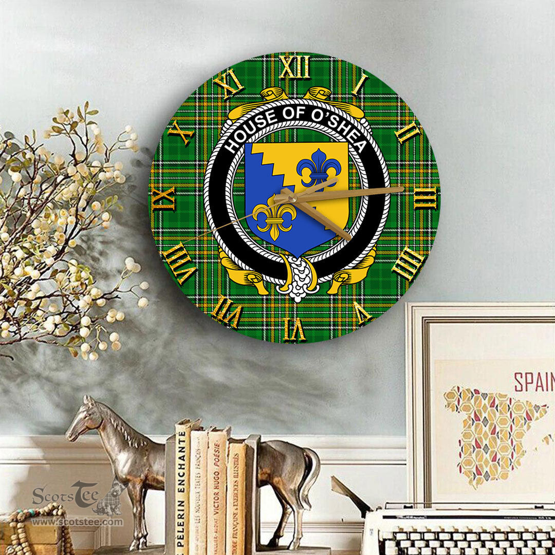 ScotsTee Shop Irish House of O SHEA Coat of Arms Family Crest Ireland Wooden Wall Clock Irish National Tartan Irish County Wall Clocks