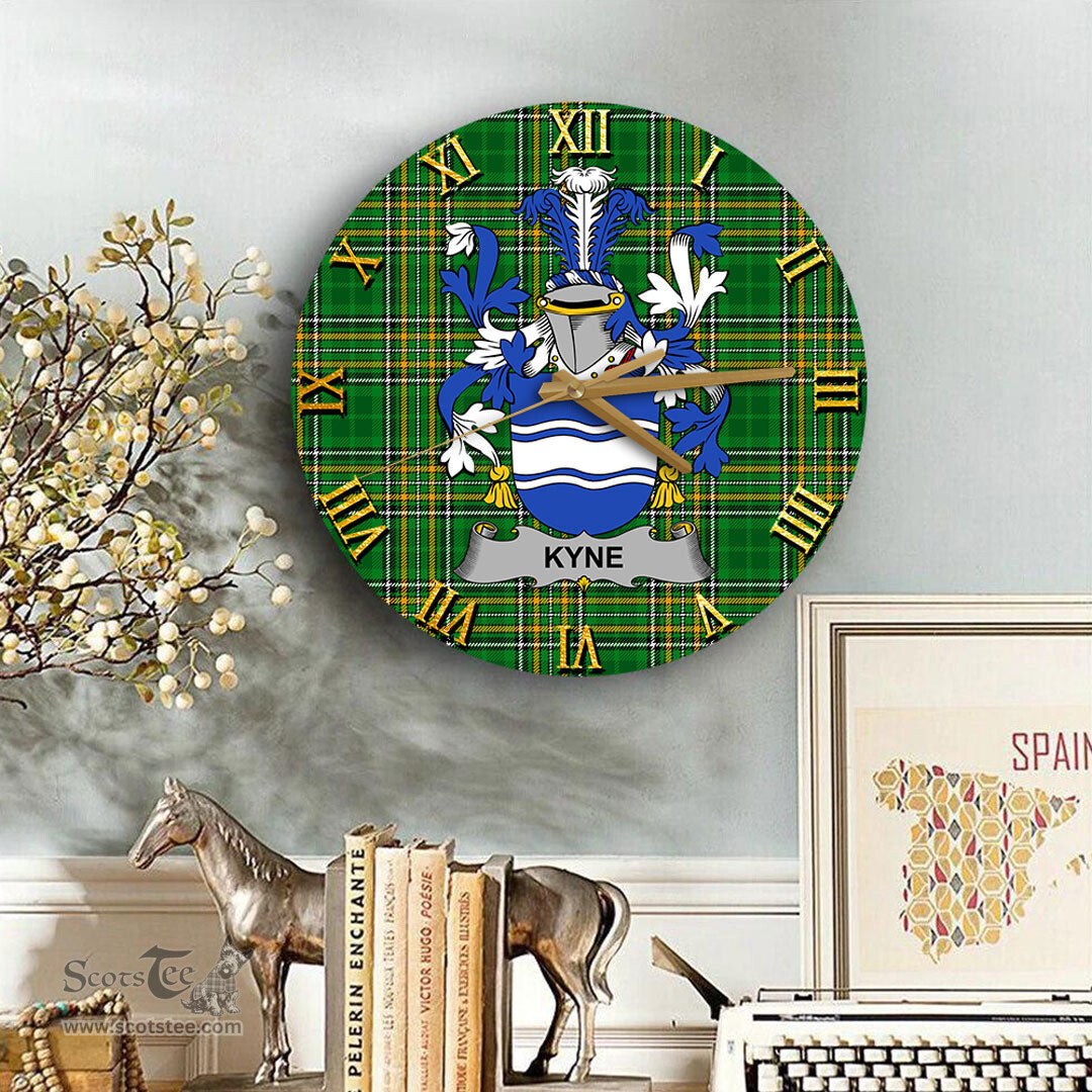 ScotsTee Shop Irish Kyne or O Kyne Coat of Arms Family Crest Ireland Wooden Wall Clock Irish National Tartan Irish County Wall Clocks