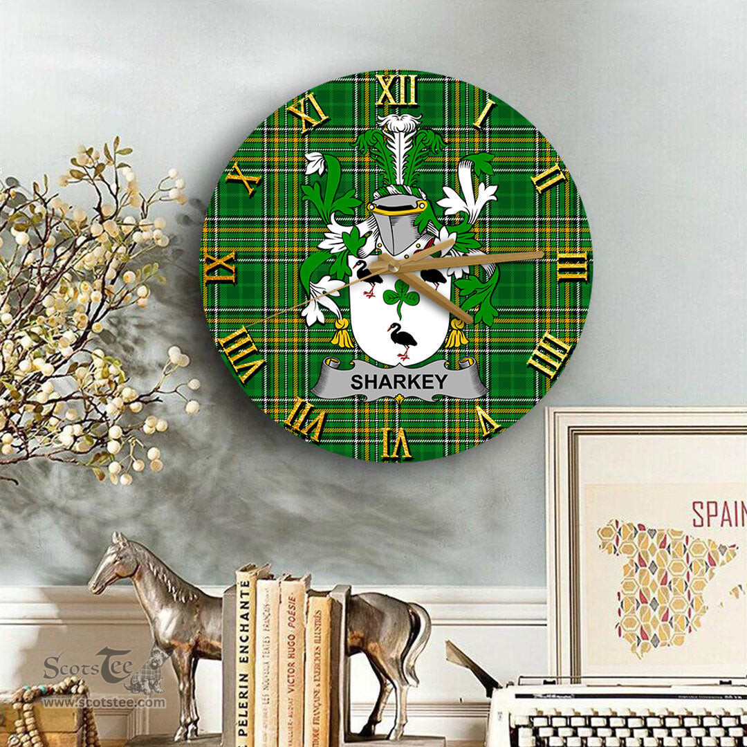 ScotsTee Shop Irish Sharkey or O Sharkey Coat of Arms Family Crest Ireland Wooden Wall Clock Irish National Tartan Irish County Wall Clocks