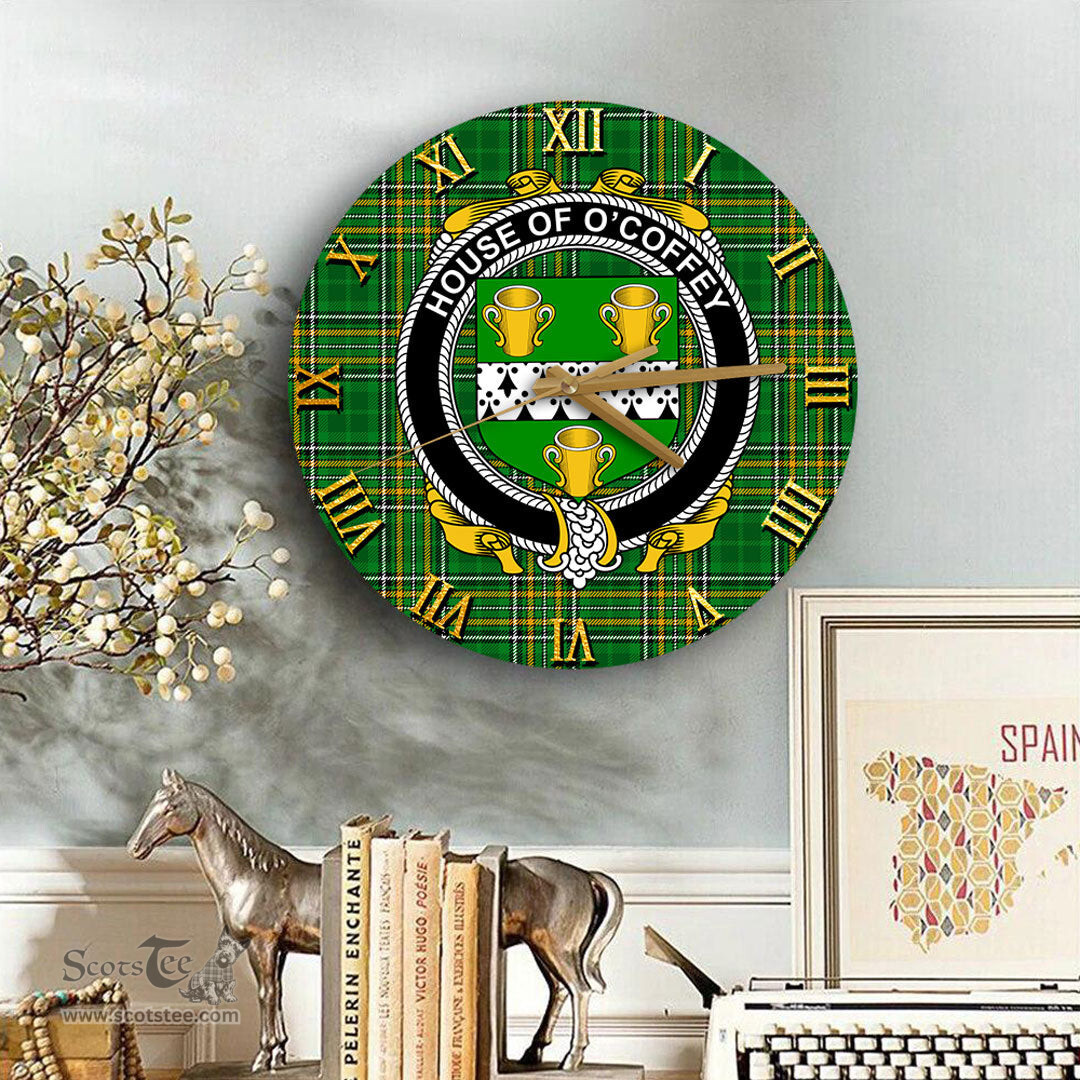 ScotsTee Shop Irish House of O COFFEY Coat of Arms Family Crest Ireland Wooden Wall Clock Irish National Tartan Irish County Wall Clocks