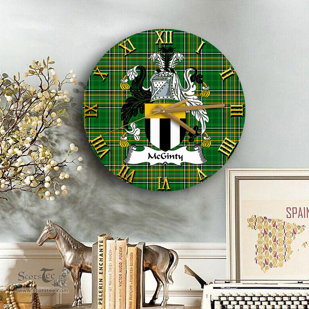 ScotsTee Shop Irish McGinty Coat of Arms Family Crest Ireland Wooden Wall Clock Irish National Tartan Irish County Wall Clocks