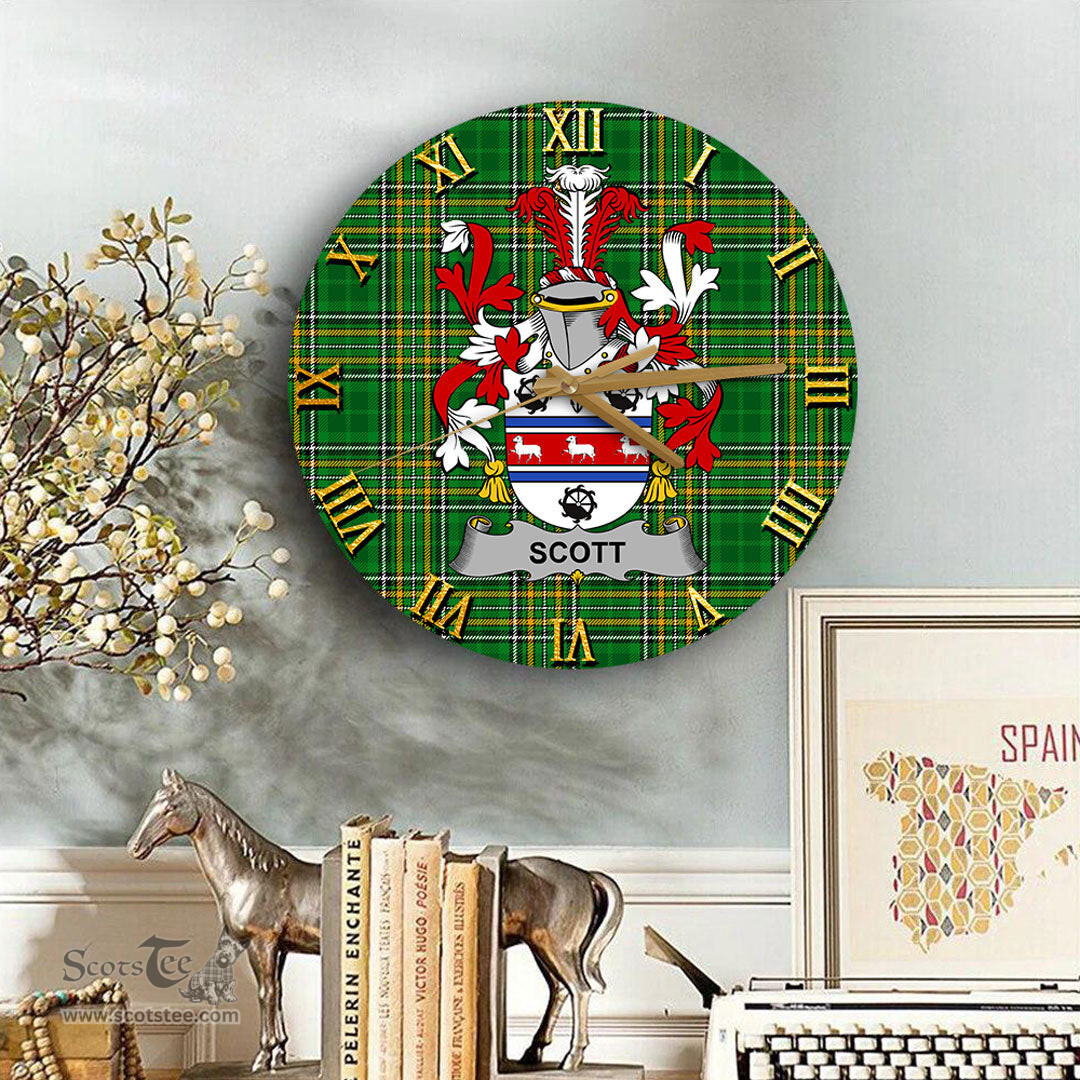ScotsTee Shop Irish Scott Coat of Arms Family Crest Ireland Wooden Wall Clock Irish National Tartan Irish County Wall Clocks
