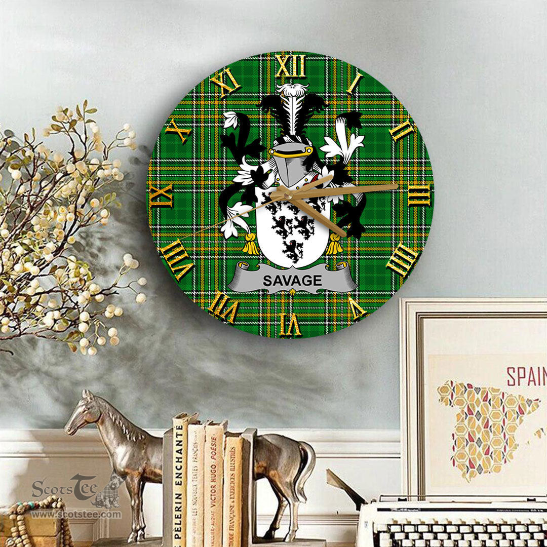 ScotsTee Shop Irish Savage Coat of Arms Family Crest Ireland Wooden Wall Clock Irish National Tartan Irish County Wall Clocks