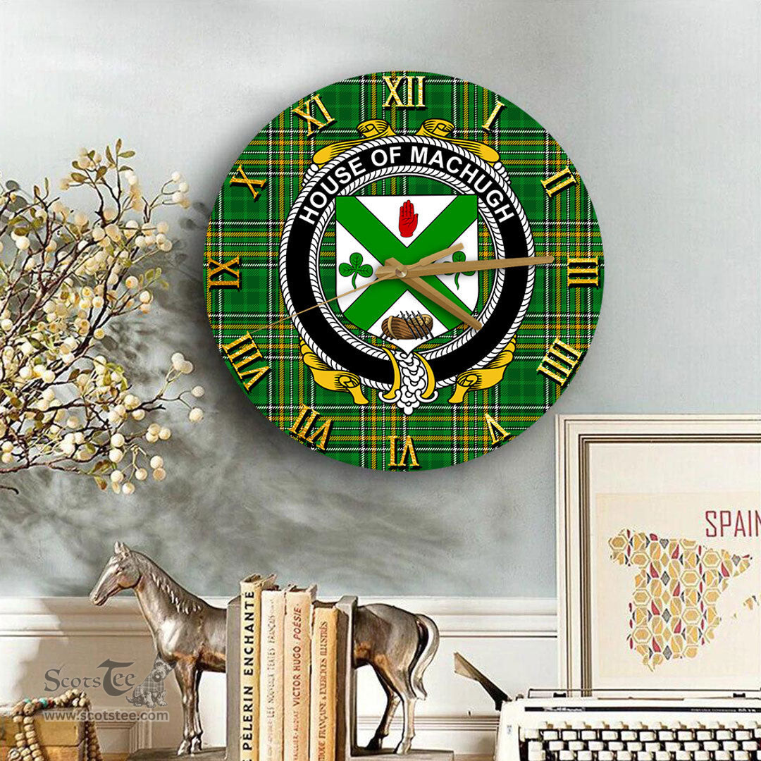 ScotsTee Shop Irish House of MACHUGH Coat of Arms Family Crest Ireland Wooden Wall Clock Irish National Tartan Irish County Wall Clocks