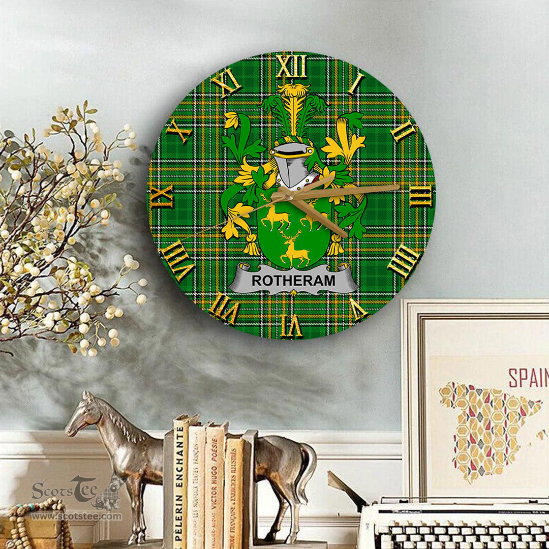 ScotsTee Shop Irish Rotheram Coat of Arms Family Crest Ireland Wooden Wall Clock Irish National Tartan Irish County Wall Clocks