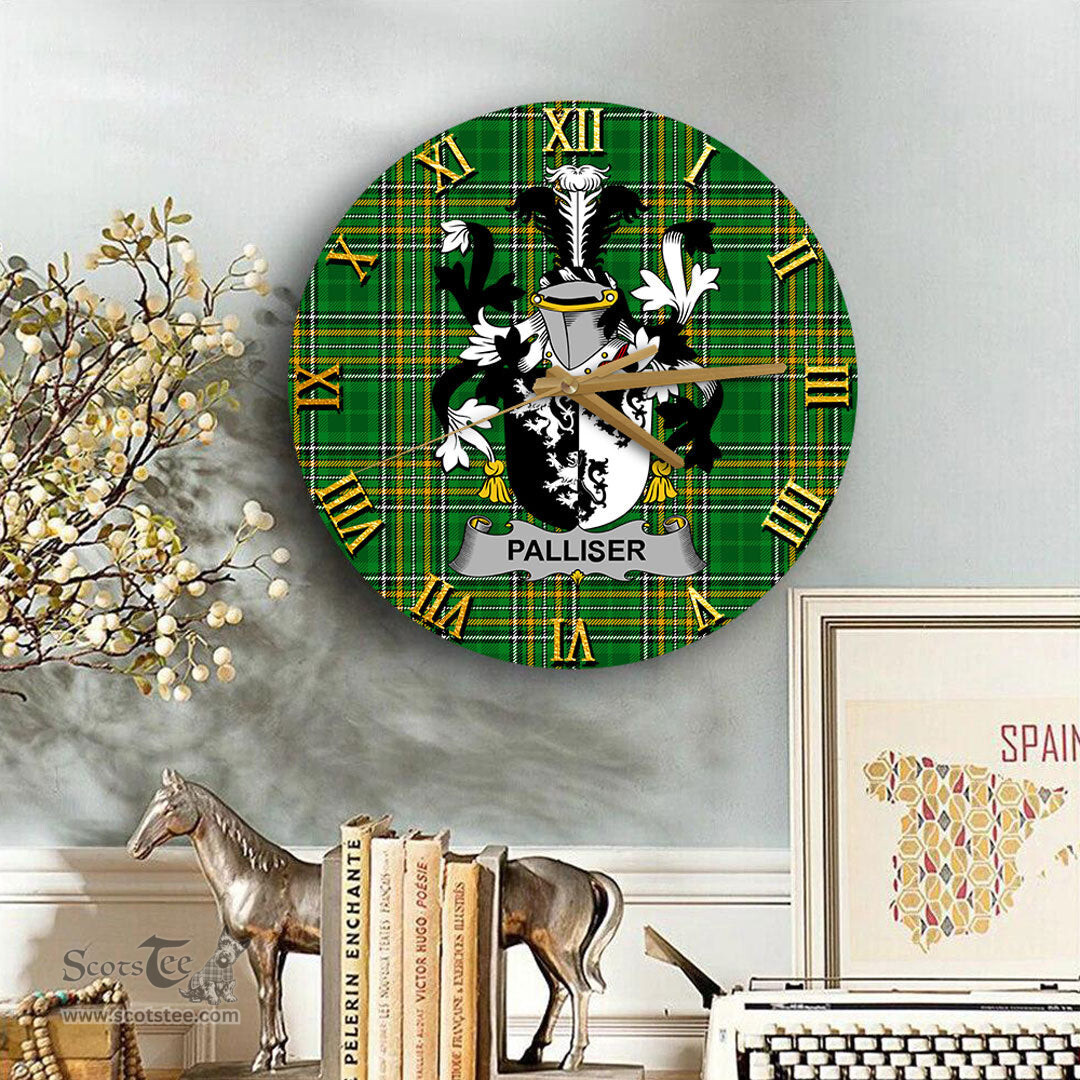 ScotsTee Shop Irish Palliser Coat of Arms Family Crest Ireland Wooden Wall Clock Irish National Tartan Irish County Wall Clocks