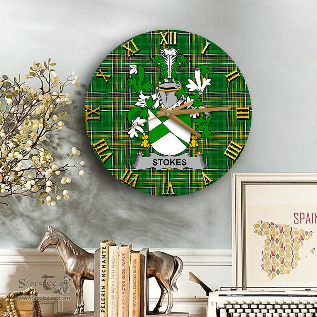 ScotsTee Shop Irish Stokes Coat of Arms Family Crest Ireland Wooden Wall Clock Irish National Tartan Irish County Wall Clocks