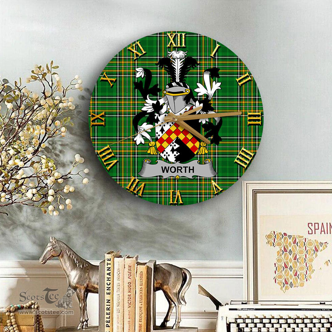 ScotsTee Shop Irish Worth or McWorth Coat of Arms Family Crest Ireland Wooden Wall Clock Irish National Tartan Irish County Wall Clocks