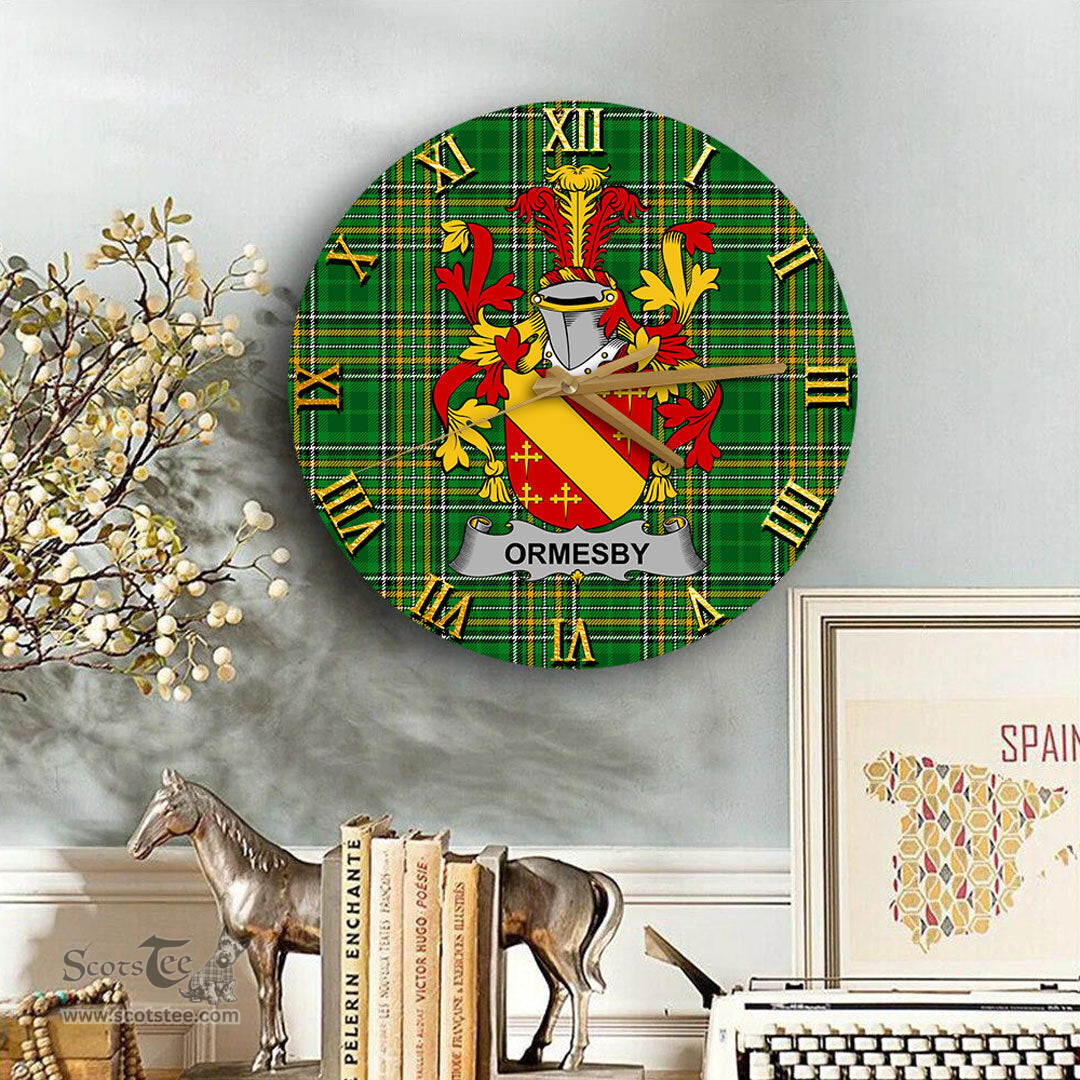 ScotsTee Shop Irish Ormesby Coat of Arms Family Crest Ireland Wooden Wall Clock Irish National Tartan Irish County Wall Clocks