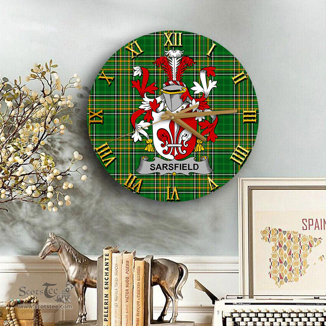 ScotsTee Shop Irish Sarsfield Coat of Arms Family Crest Ireland Wooden Wall Clock Irish National Tartan Irish County Wall Clocks