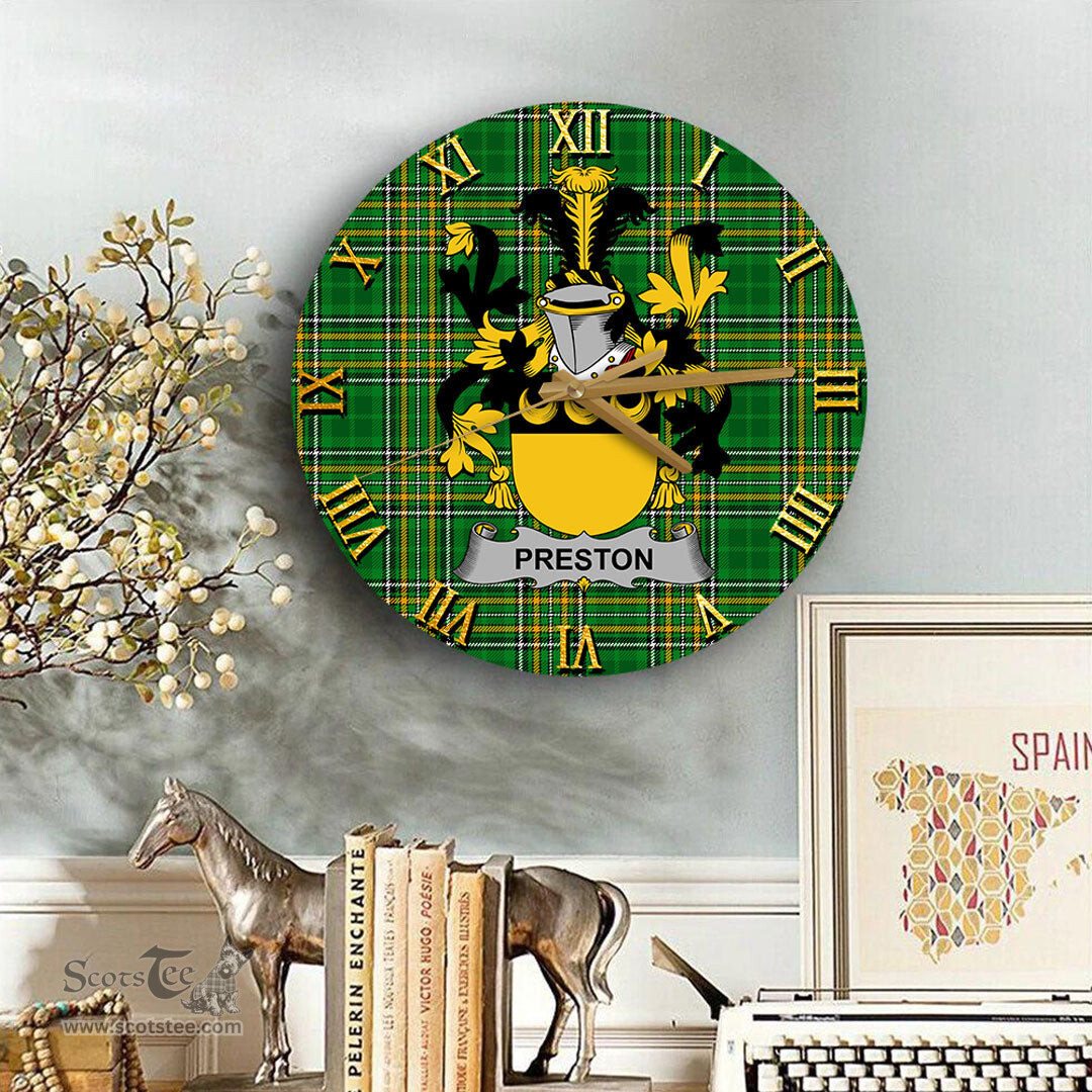 ScotsTee Shop Irish Preston Coat of Arms Family Crest Ireland Wooden Wall Clock Irish National Tartan Irish County Wall Clocks