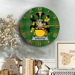 ScotsTee Shop Irish Preston Coat of Arms Family Crest Ireland Wooden Wall Clock Irish National Tartan Irish County Wall Clocks